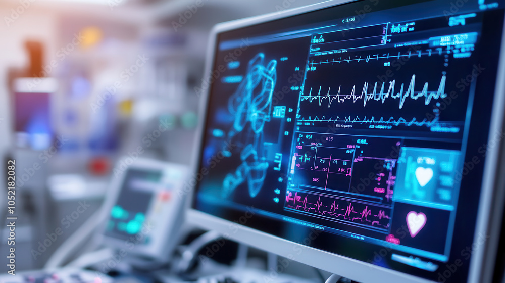 Poster close up of computer screen displaying vital signs and medical data in healthcare setting, showcasin