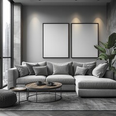 A contemporary living room featuring a spacious gray sectional sofa, dual framed artworks, and urban city views from a large window.