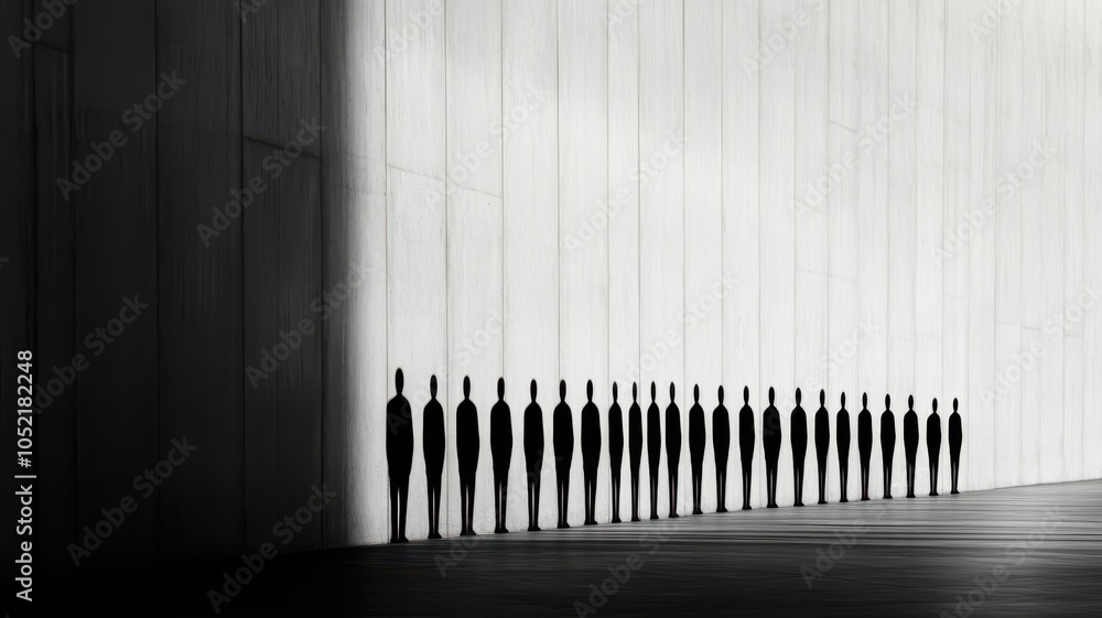 Poster silhouette figures lined against a minimalistic wall, creating a striking contrast of light and shad