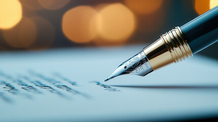 close up of fountain pen poised above sheet of paper, capturing elegance of writing. blurred background adds warm, inviting atmosphere to scene