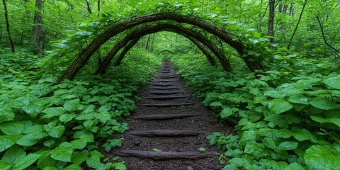 Obraz premium Forest Trail with Archway of Branches and Steps