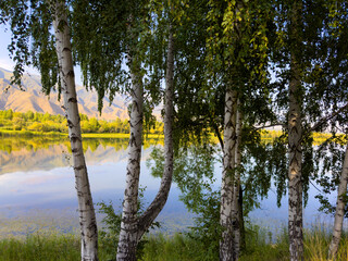 A quiet mountain lake Issyk-Kul, surrounded by green valleys and majestic mountains. The perfect spot for tourism and peaceful relaxation in Kyrgyzstan.