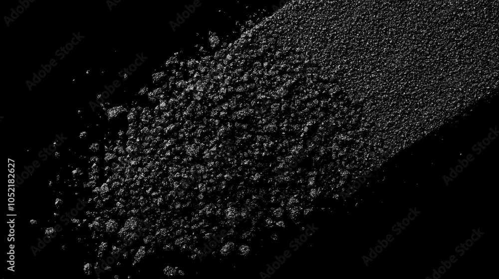 Poster exploring the intricate textures and patterns of black granular material on a dark background for ar