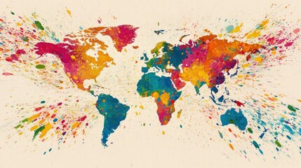 Obraz premium A colorful world map with splashes of paint, representing global diversity and creativity.