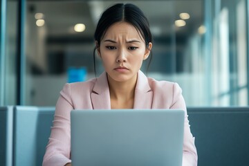 3 Woman staring blankly at her laptop, visibly affected by burnout, close up, lack of motivation theme, realistic, Composite, office cubicle backdrop