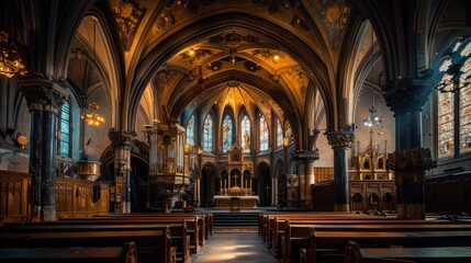 Obraz premium Victorian Gothic Revival Church, featuring intricate woodwork, pointed arches, and an atmospheric, dimly lit interior that inspires reflection and contemplation