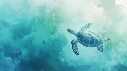 Fototapeta premium Aerial view of a sea turtle swimming in turquoise ocean water, white line art illustration with soft shadows and a blurred background