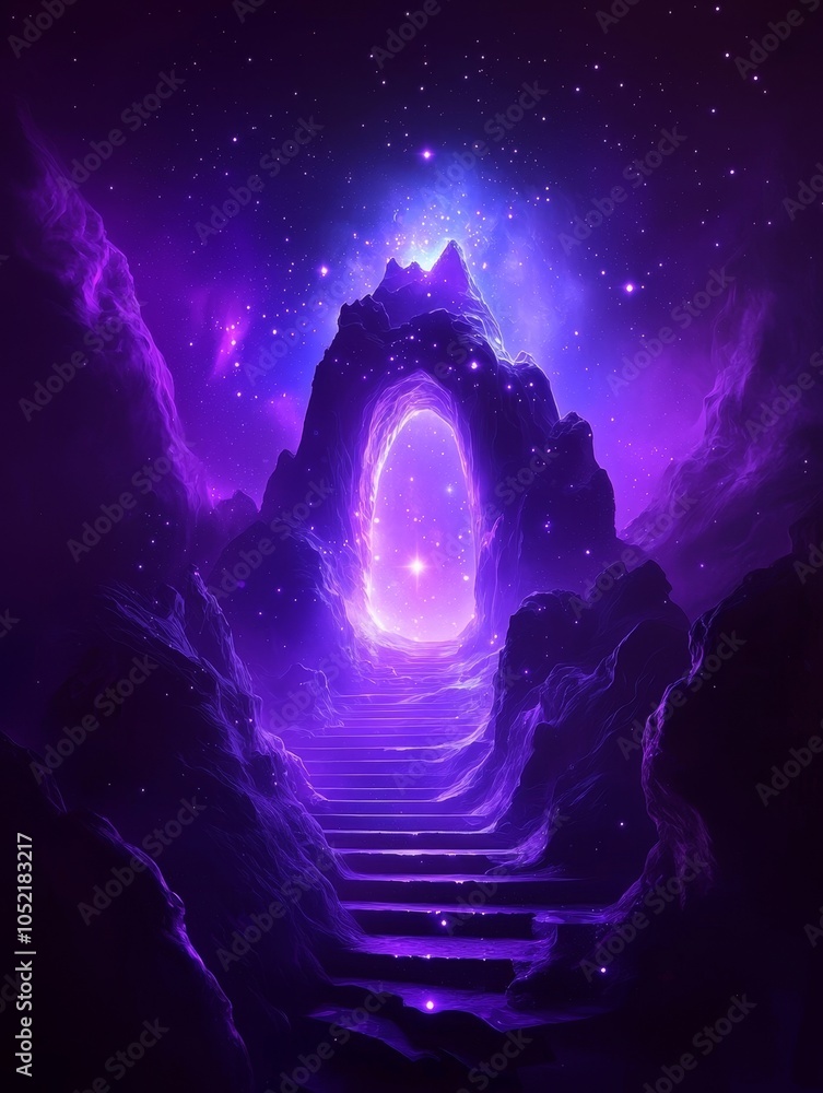 Poster a mystical journey through the celestial gateway exploring the cosmic pathway of light and shadows i