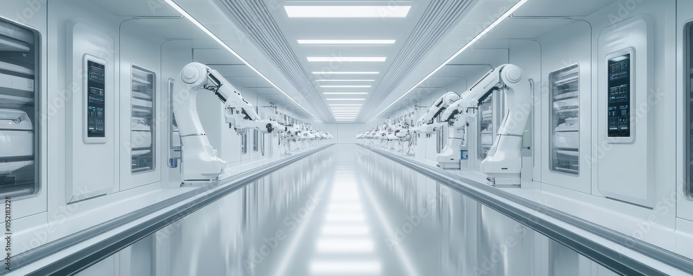 Poster futuristic robotic factory featuring sleek automation, clean environment, and advanced technology de