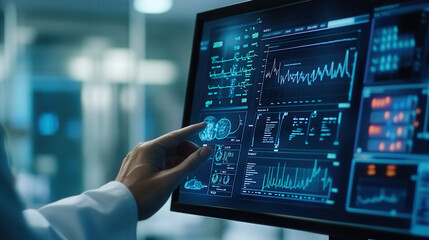 Fototapeta premium healthcare professional interacts with digital health record system interface, showcasing various medical data and analytics. screen displays graphs, patient information, and health metrics,