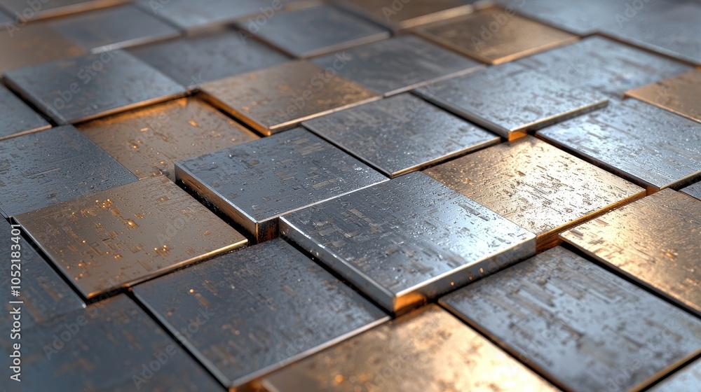 Poster exploring the intricate textures and reflections of metallic tiles a visual journey through modern d