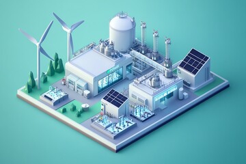 Obraz premium Design a research facility in an isometric 3D style, studying hydrogen energy, with wind turbines and solar panels powering the labs