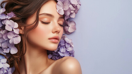 Pretty woman with inspired natural makeup and flowers around looks spectacular on a lilac background with copy space