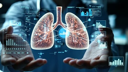 Medical hands hold a glowing 3D hologram of lungs with digital labels for various respiratory diseases, including cancer, in a cutting-edge healthcare lab interface - Powered by Adobe