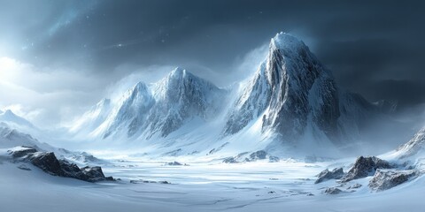 Majestic snow-covered mountains under a mystical twilight sky in a serene winter landscape