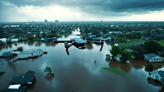 A drone captures footage of flood damage in an urban area as rescue teams assist residents, while a tornado warning is issued over a stormy skyline