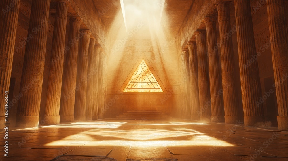 Aufkleber golden rays illuminate an ancient temple, revealing geometric patterns and towering columns at dawn