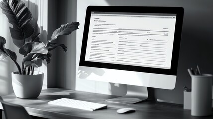 A computer displaying a document on a desk with a plant nearby.