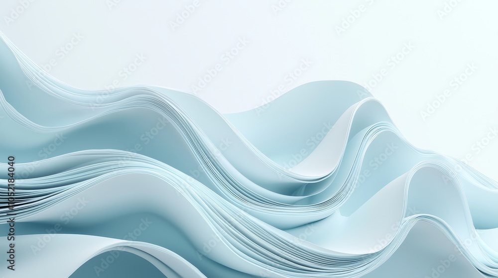 Poster flowing waves of light blue paper layers creating an elegant and serene composition for modern desig