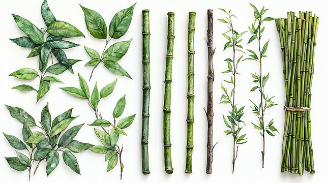 
varas de bambu verde com folhas isoladas no fundo branco