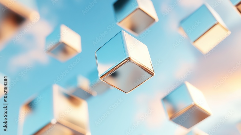 Poster floating metallic cubes in a serene sky create a surreal visual effect and inspire creativity and in