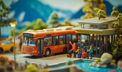 Obraz premium Toy bus stop with miniature people and luggage.