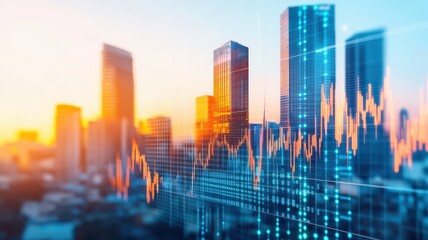 Urban skyline with financial graph overlay, symbolizing growth, investment, and technological advancement in a modern city.