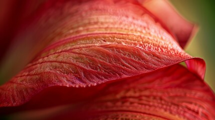 Naklejka premium Red flower petal closeup. Delicate red petal texture, nature's beauty, vibrant color, gentle curve. Symbolizes passion and fragility.