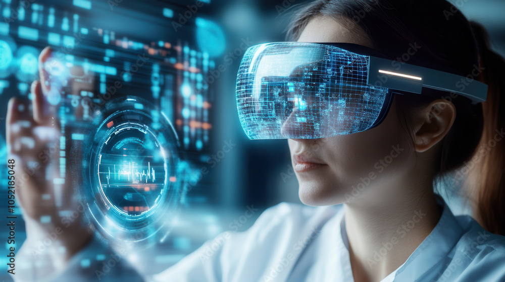 Aufkleber healthcare worker is using augmented reality glasses to interact with digital data, showcasing advan