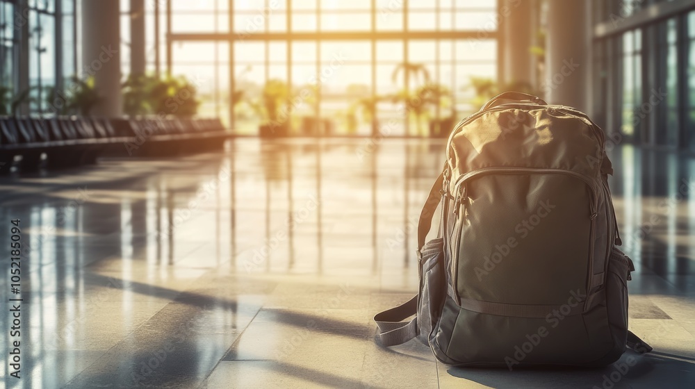 Poster backpack is sitting on the floor of a sun drenched airport terminal, waiting for its owner to return