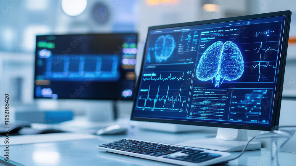 Poster modern medical office featuring advanced technology with multiple screens displaying detailed health