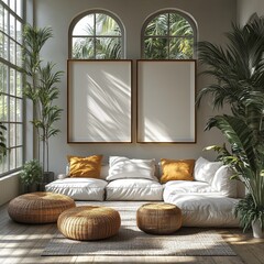 Bohemian living room adorned with mustard cushions, wicker ottomans, and lush greenery, creating a lively and relaxed atmosphere.