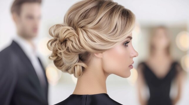 Elegant woman with intricate updo hairstyle at formal event.