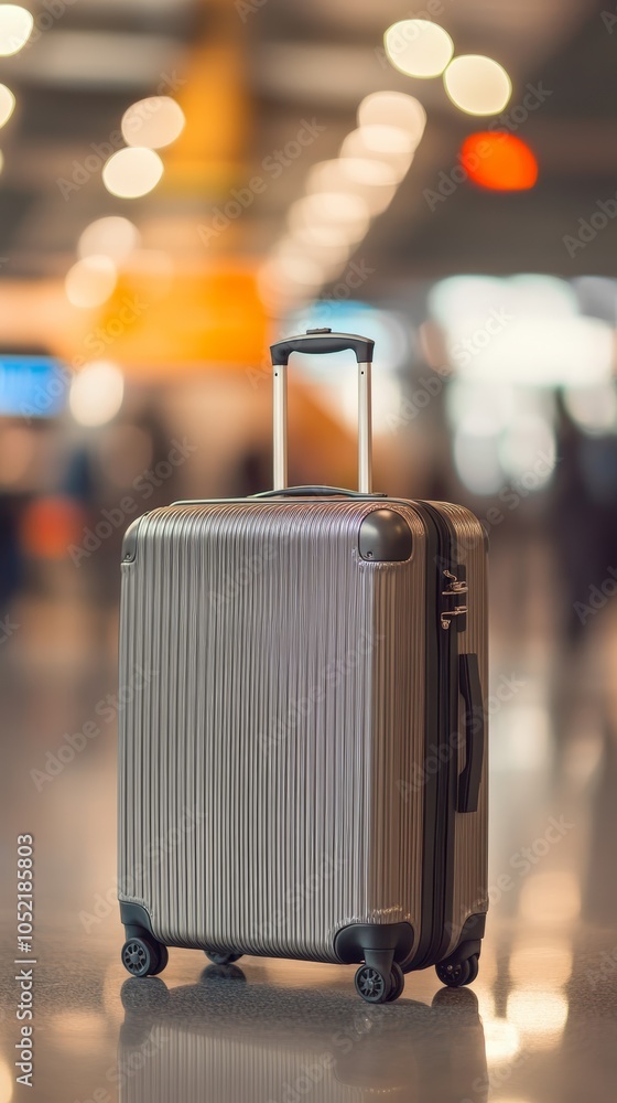 Aufkleber gray suitcase standing in the airport terminal, passengers walking in the background. concept of bus
