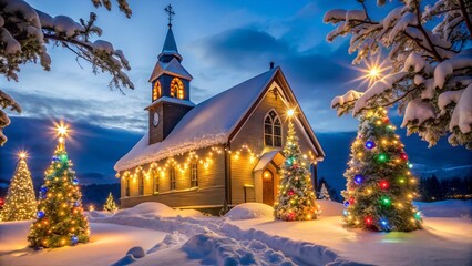 Fototapeta premium A church decorated with festive lights, surrounded by snowdrifts