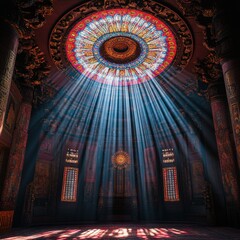 Obraz premium Ethereal light beams illuminate intricate decorations in an ancient temple during a serene morning