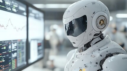 Fototapeta premium A futuristic robot trader shortcircuiting as the stock graphs on its screen malfunction and crash