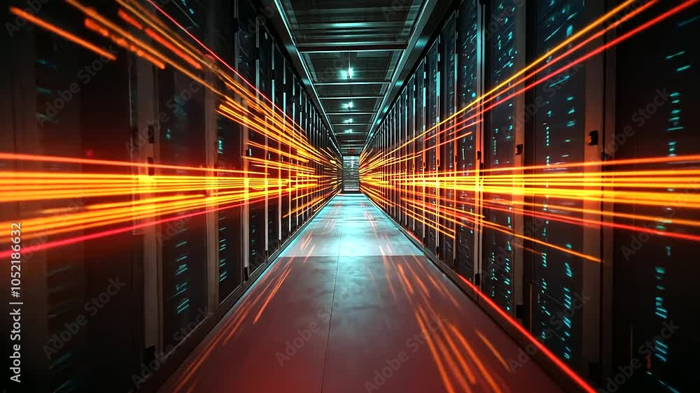 Poster a telecommunication cluster in a dimly lit room, with data flowing between rows of servers as vibran