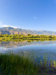 Obraz premium A quiet mountain lake Issyk-Kul, surrounded by green valleys and majestic mountains. The perfect spot for tourism and peaceful relaxation in Kyrgyzstan.