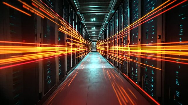 A telecommunication cluster in a dimly lit room, with data flowing between rows of servers as vibrant streaks of light
