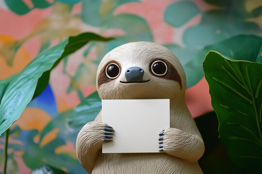Cute baby sloth holding blank card. Event invitation, birthday or thank you message template.