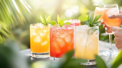 Refreshing cocktails arranged on a table, surrounded by lush greenery, perfect for summer gatherings and celebrations.