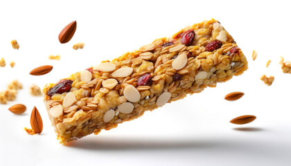Healthy snack granola bar floating or flying isolated white background