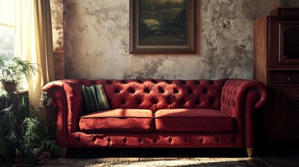 Obraz premium A vintage-inspired living room featuring a red velvet sofa against textured walls, framed with classic decor for nostalgic charm.