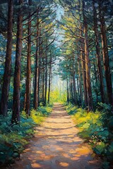 Obraz premium A serene journey through a sunlit forest pathway surrounded by majestic trees and lush greenery for nature lovers