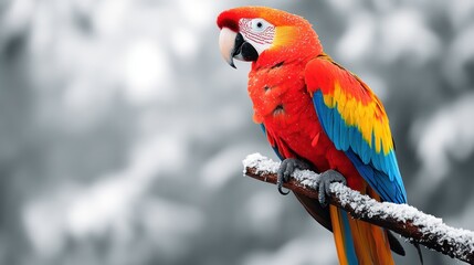 Obraz premium Scarlet Macaw Perched on a Snowy Branch