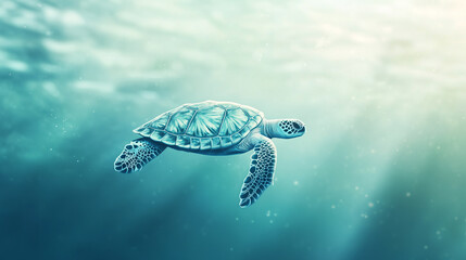 Obraz premium Aerial view of a sea turtle swimming in turquoise ocean water, white line art illustration with soft shadows and a blurred background