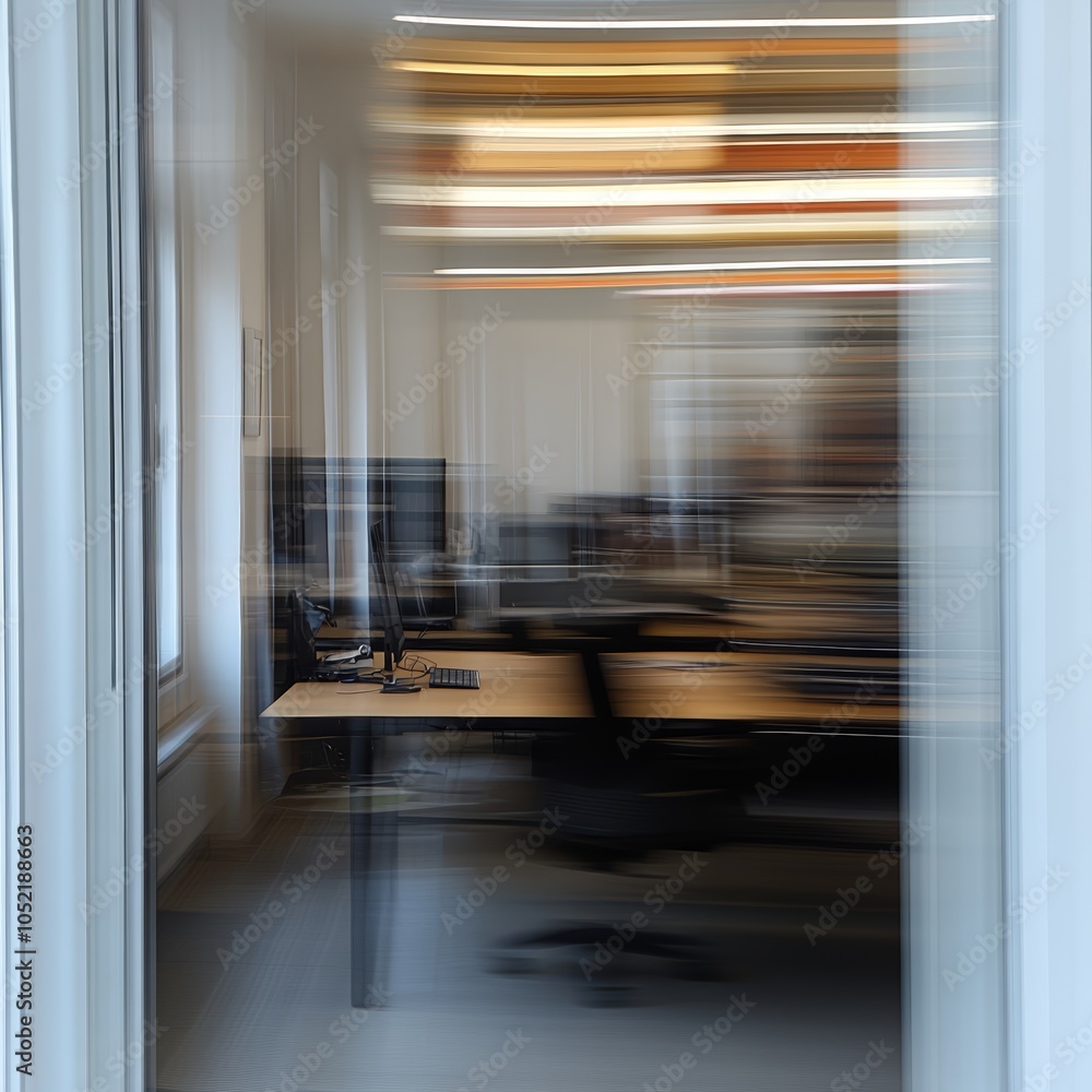 Poster blurred view of an empty office workspace with modern furniture.