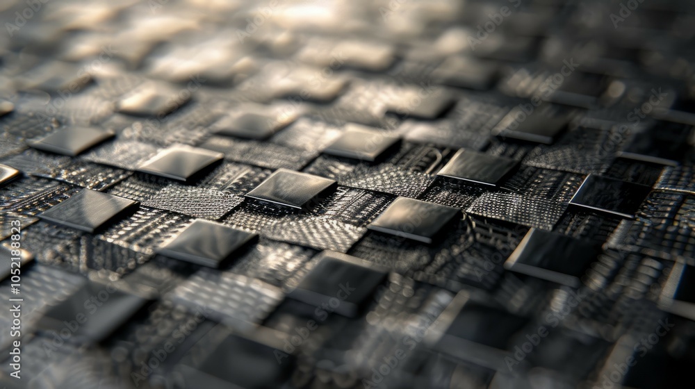 Poster dark metal grid texture. abstract woven pattern; dark metallic squares create a complex, intricate d