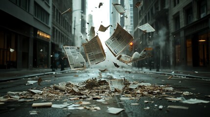 Newspaper headlines about stock market crash blowing through an empty financial district